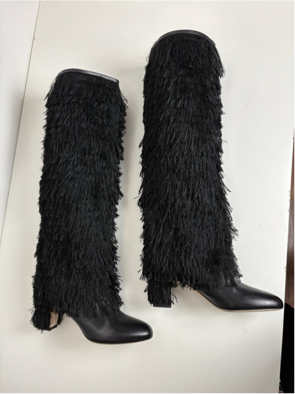 Jimmy Choo Knee High Boots Black Leather Size 37 Magalie Fringe - Picture 12 of 16